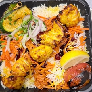 Chicken kabob with seasoned rice