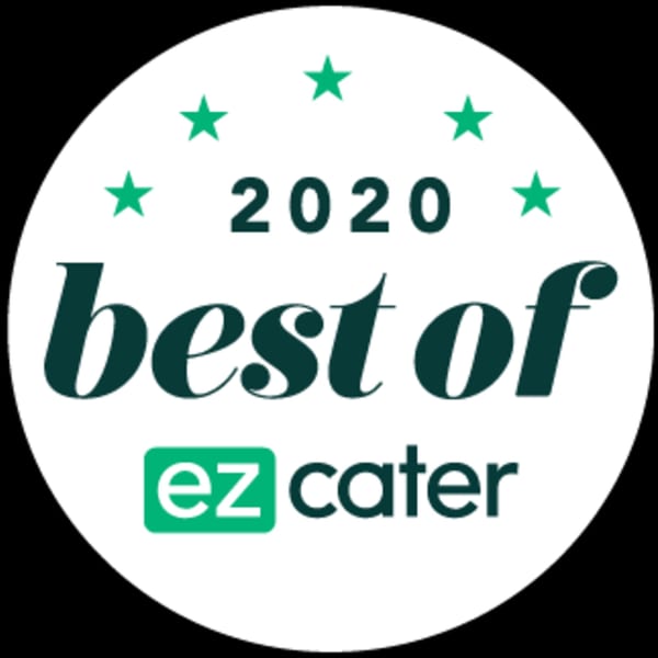 White circular badge with green text "2020 best of ez cater" and five green stars.