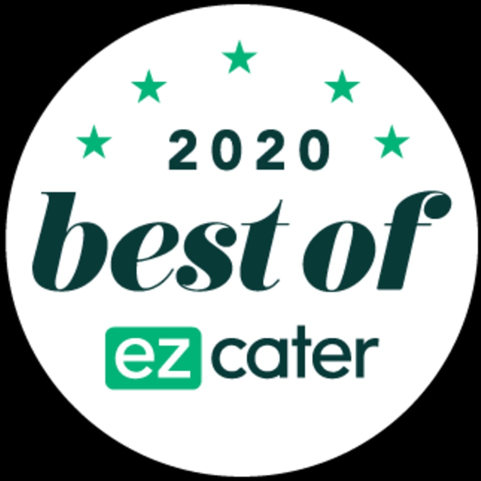 White circular badge with green text "2020 best of ez cater" and five green stars.