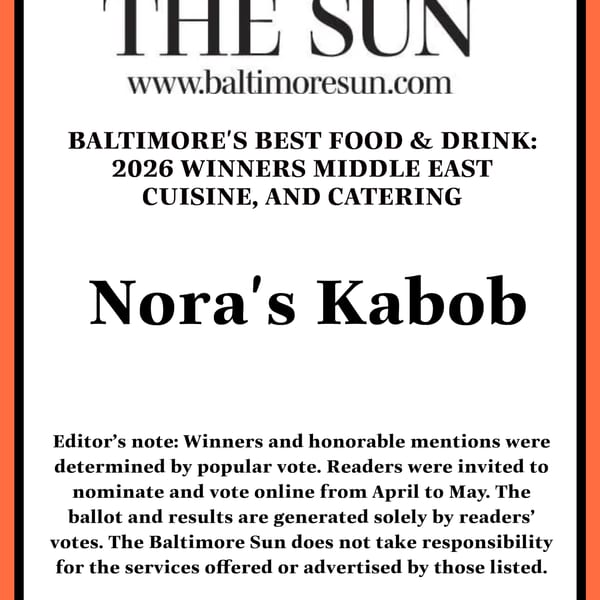 A Baltimore Sun article announcing Nora's Kabob as a 2026 winner for Middle East cuisine.