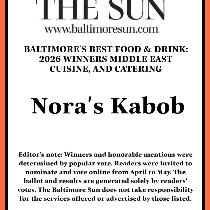 A Baltimore Sun article announcing Nora's Kabob as a 2026 winner for Middle East cuisine.