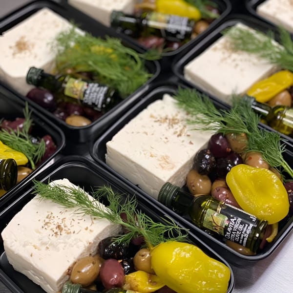 Multiple meal prep containers with feta cheese, olives, yellow peppers, dill, and olive oil.