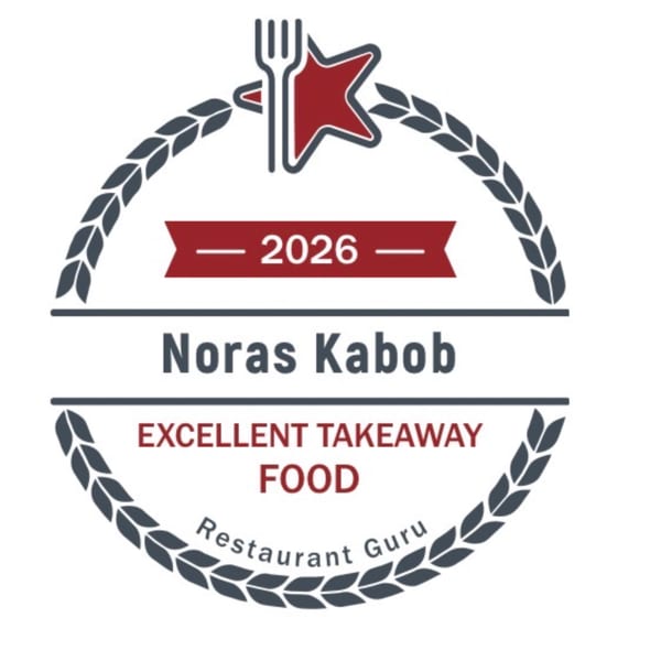 Restaurant Guru award badge for Noras Kabob, "Excellent Takeaway Food 2026", featuring a fork, star, and wreath.