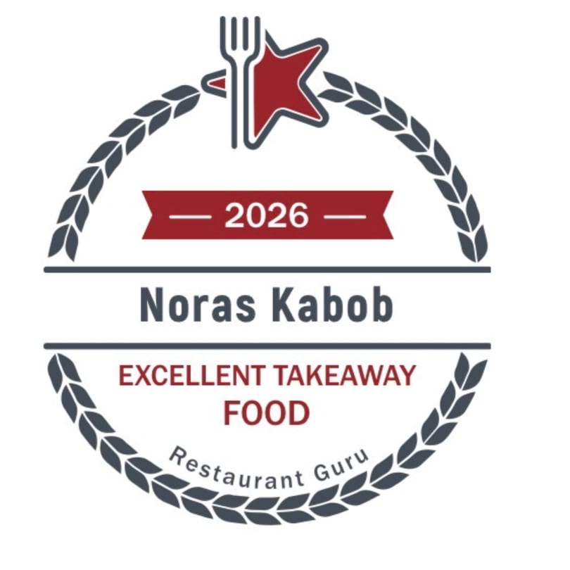 Restaurant Guru award badge for Noras Kabob, "Excellent Takeaway Food 2026", featuring a fork, star, and wreath.
