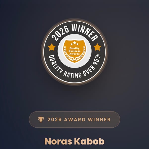A 2026 Quality Business Awards winner badge with a 95% quality rating for Noras Kabob.