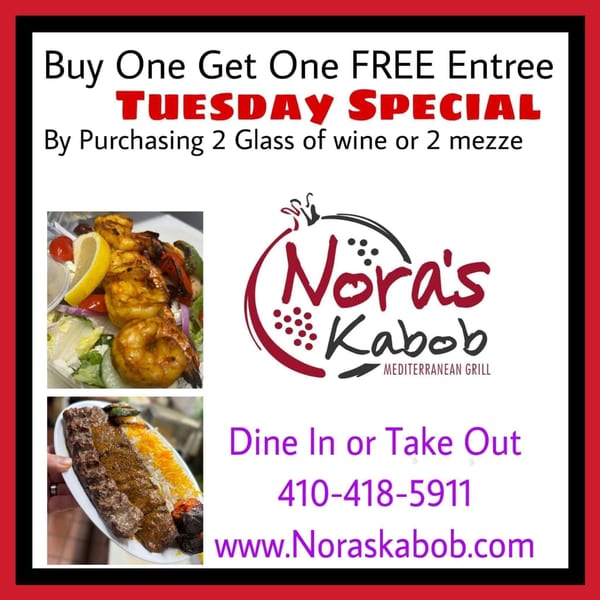 Noras Kabob advertisement featuring grilled shrimp salad, two kabobs with rice, and promotional text.