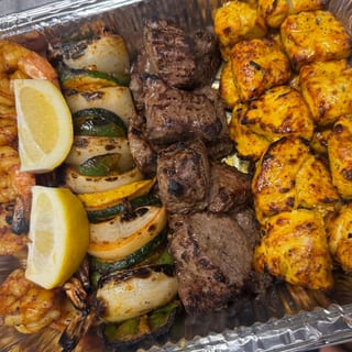 Extra Meat platter - Chicken shrimp & Steak kabob skewers